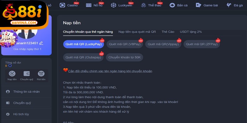 Nạp tiền 88I thành công bạn được truy cập vào tính năng, dịch vụ