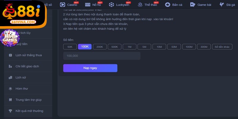 Khi đã vào bên trong tài khoản, bạn tìm đến mục “Nạp tiền”